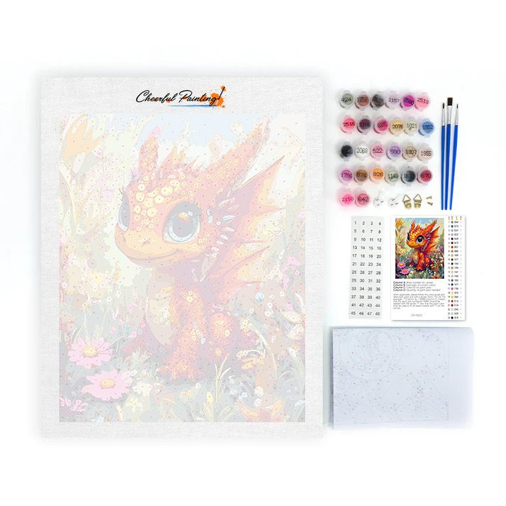Orange Dragon Puppy in a Flower Wonderland - Paint by Numbers