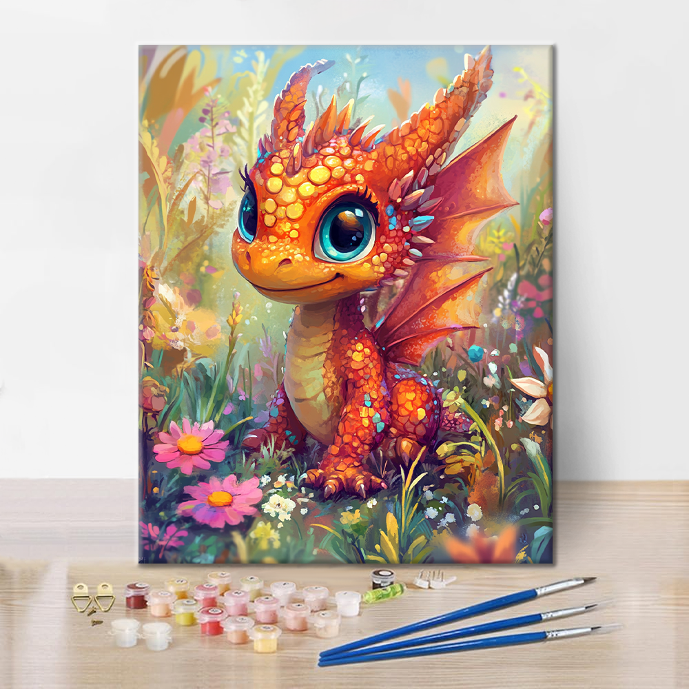 Orange Dragon Puppy in a Flower Wonderland - Paint by Numbers Orange Dragon Puppy in a Flower Wonderland - Paint by Numbers
