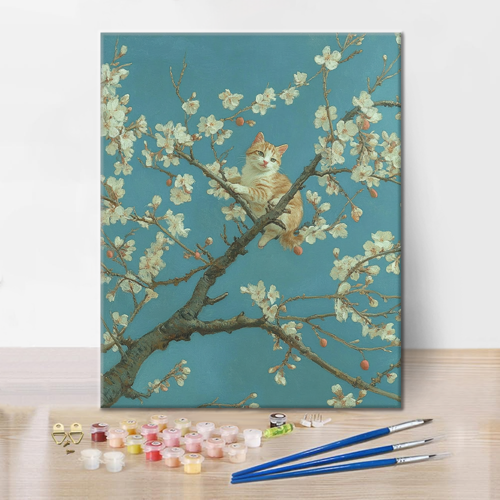 Apricot Blossom Tree and Cat - Paint by Numbers