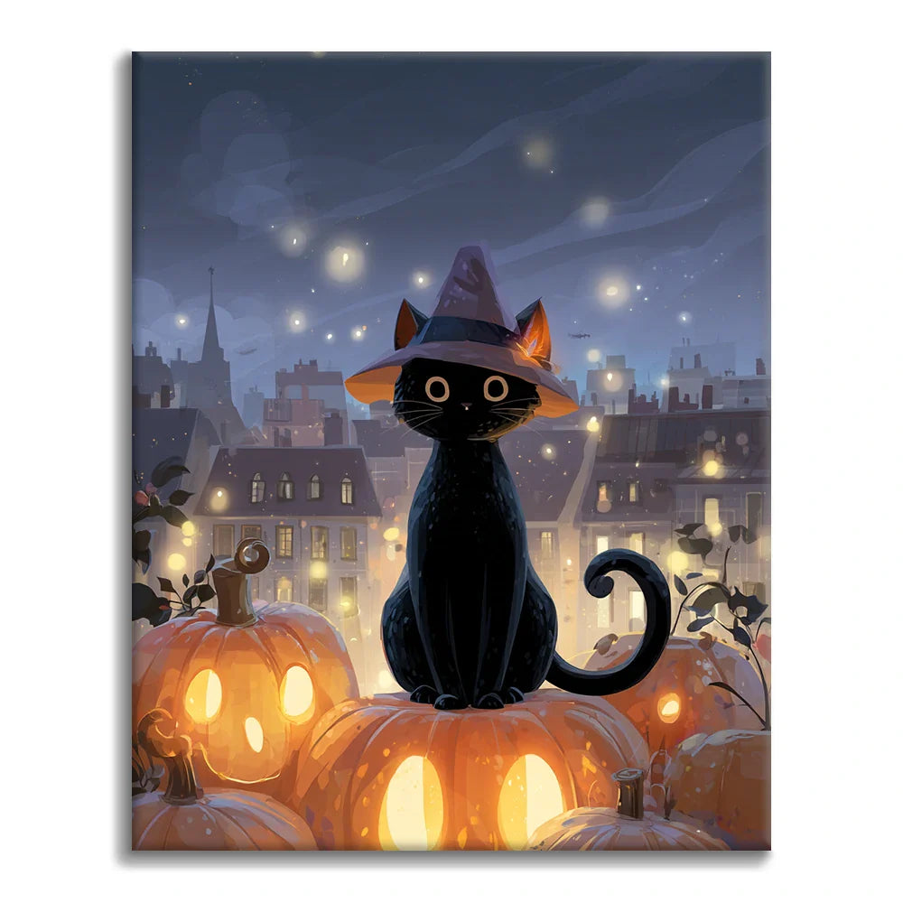 Wizard Cat Sitting on a Pumpkin - Paint by Numbers