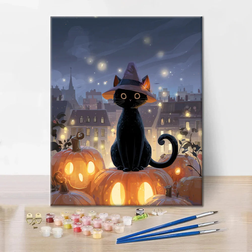 Wizard Cat Sitting on a Pumpkin - Paint by Numbers