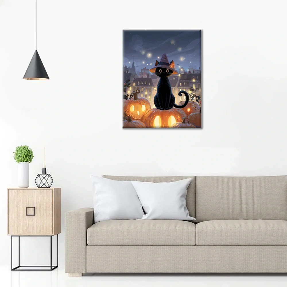 Wizard Cat Sitting on a Pumpkin - Paint by Numbers