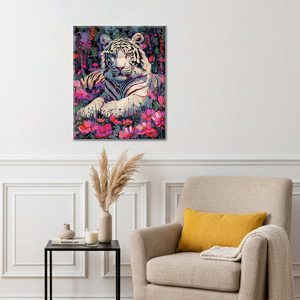 White Tiger and Flowers - Paint by Numbers