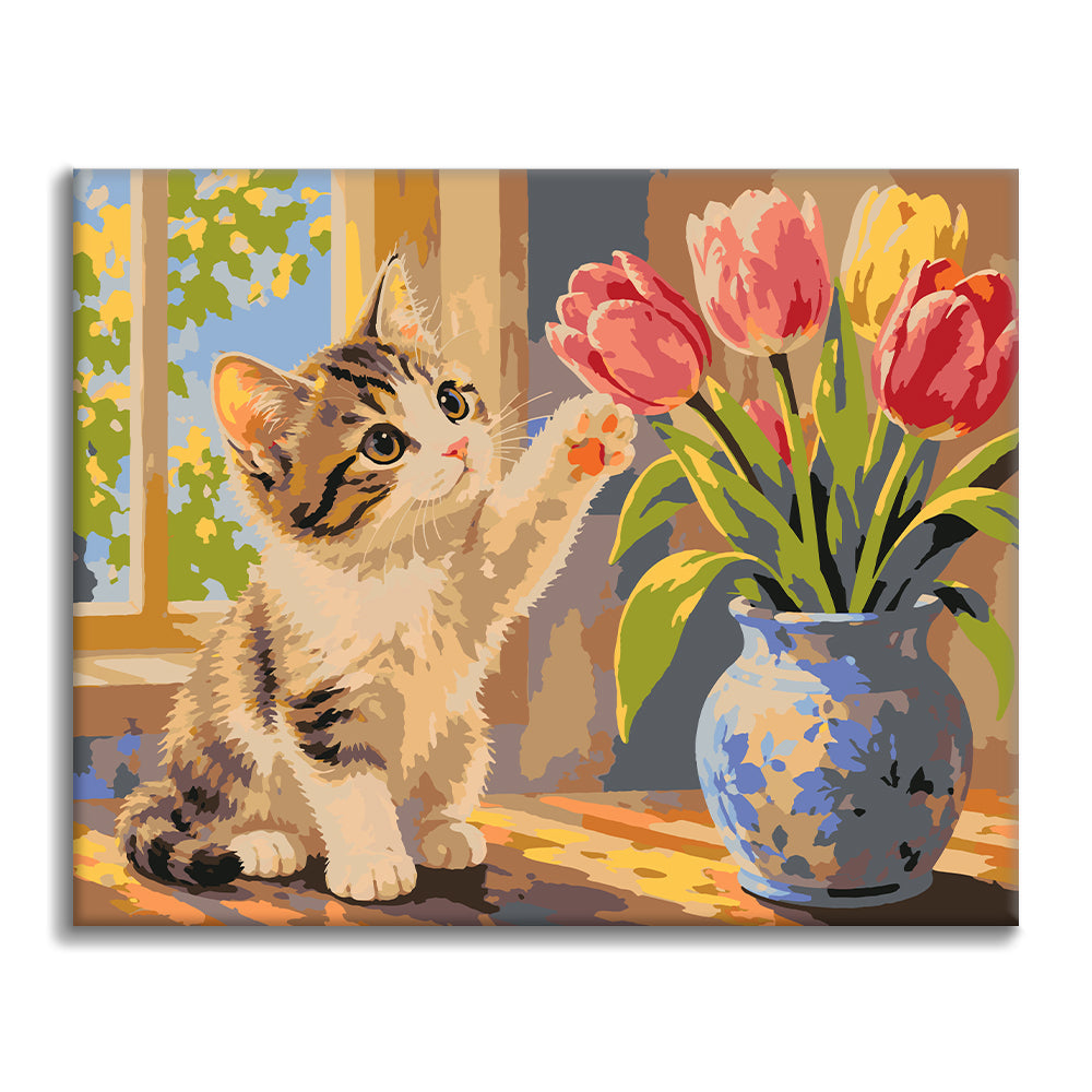 Kitten and Tulips - Paint by Numbers