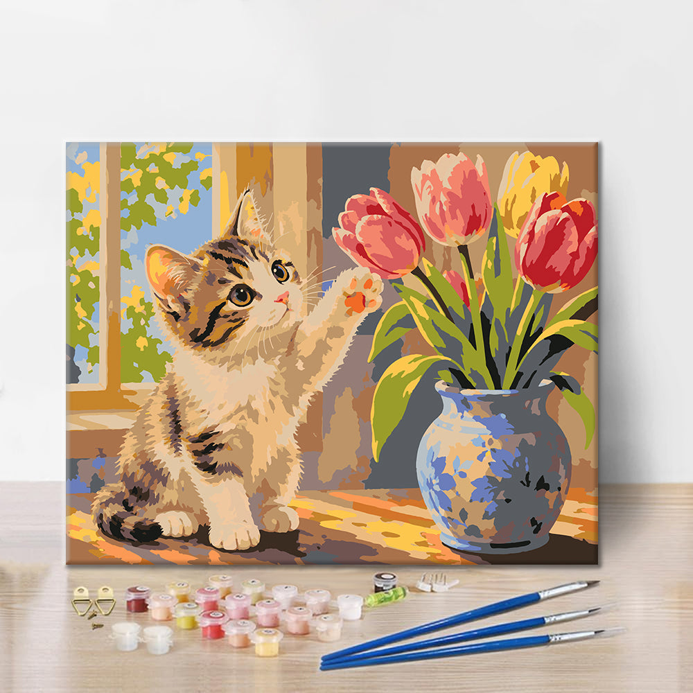 Kitten and Tulips - Paint by Numbers