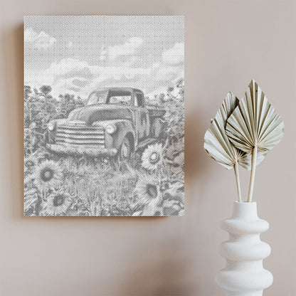 Vintage Truck Surrounded by Sunflowers - Dot Painting