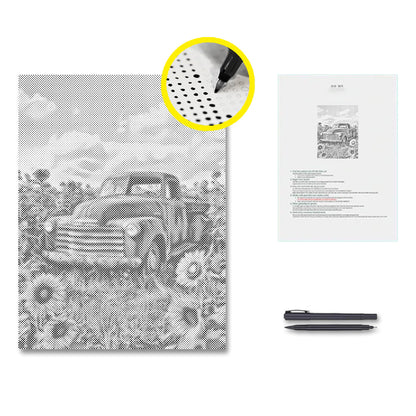 Vintage Truck Surrounded by Sunflowers - Dot Painting