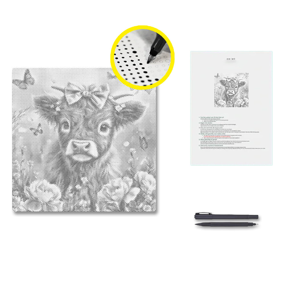 Adorable Highland Calf with Flowers - Dot Painting